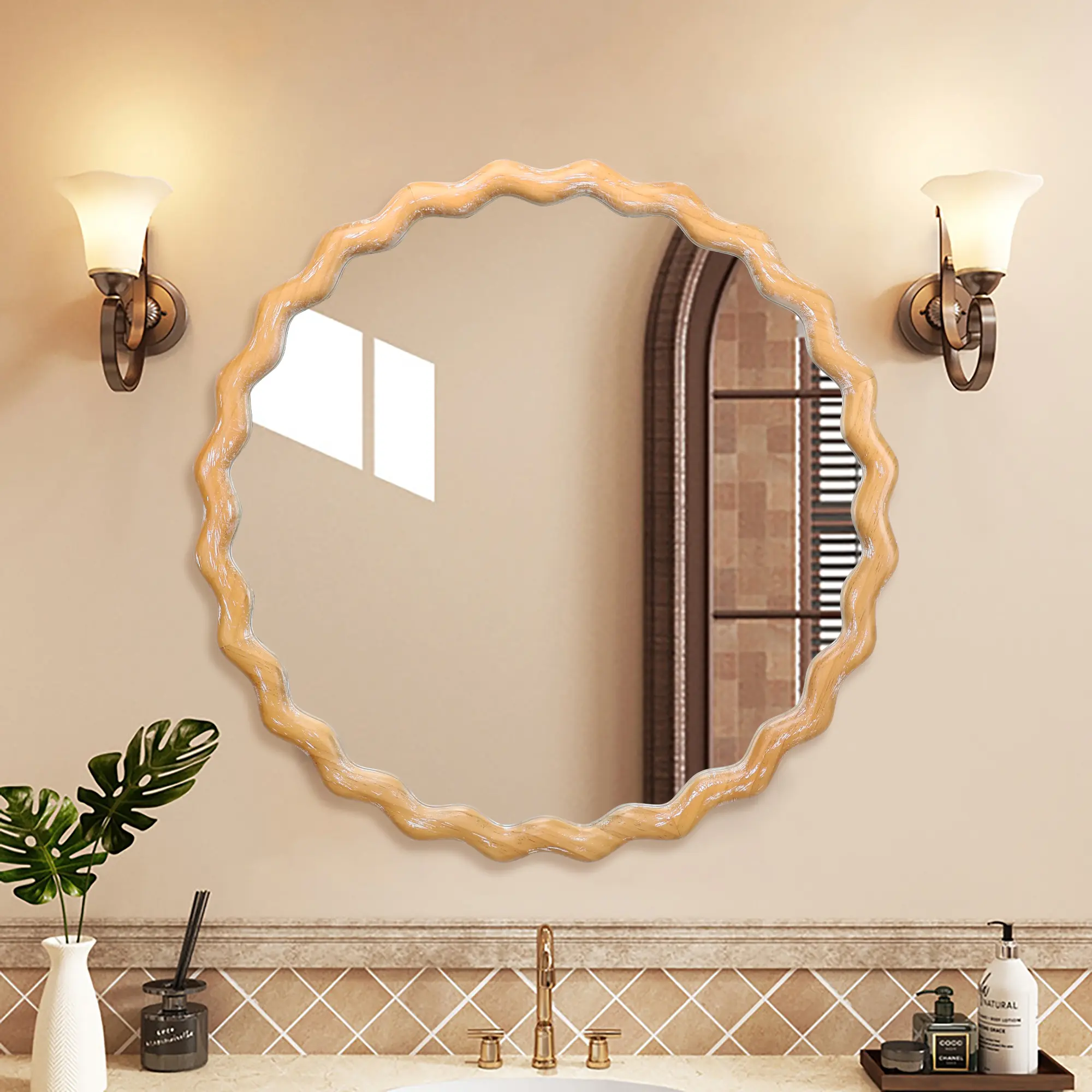 ARCH 27.5 Inch Round Wavy Wall Mirror, Wooden Farmhouse Circle Vanity Mirror, Whitewash Edge Decorative Hanging Mirror for Bathroom, Bedroom, Entryway, Living Room, Kitchen, Home Office Wall Decor, Bathroom Furniture for Vanity Area, Storage
