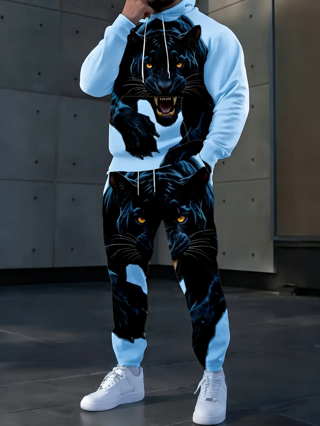 Men's Bold Leopard 3D Print Hoodie Set, Trendy Animal Pattern Hooded Sweatshirt and Pants, Hip Hop Streetwear Fall Winter Casual Two-Piece Set
