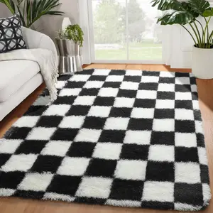 Area Rugs for Bedroom Living Room, 4x6 Black and White Fluffy Soft Checkered Rug Fuzzy Shag Shaggy Carpet, Indoor Plush Floor Rugs for Kids Boys Girls Teen Dorm Nursery Home Decor Aesthetic