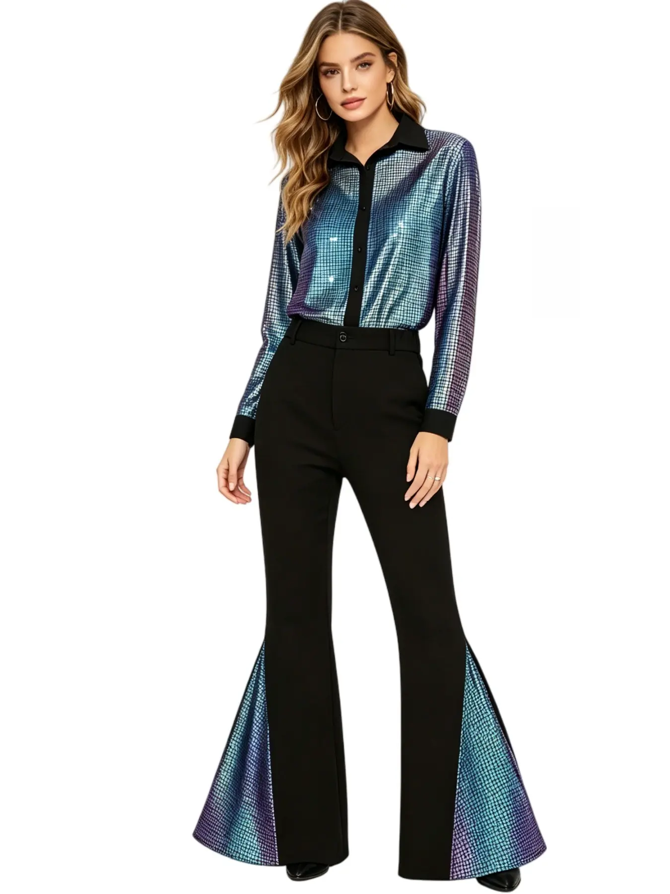 Spring Autumn 70s Classic Casual Retro Shiny Set Disco Performance Costume Shirt Pants