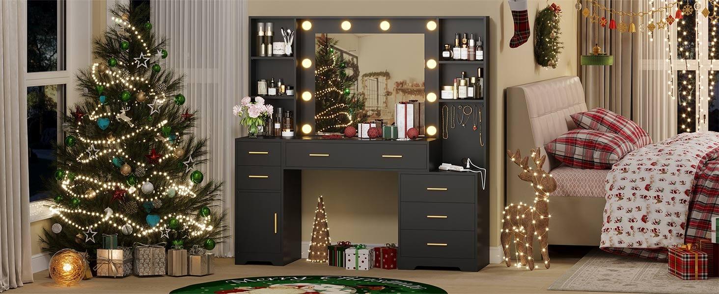 Sikaic 48.8" LED Lighted Makeup Vanity with Large Mirror & Charging Station Modern Black Dresser with 6 Drawers & Adjustable Shelves for Beauty Enthusiasts