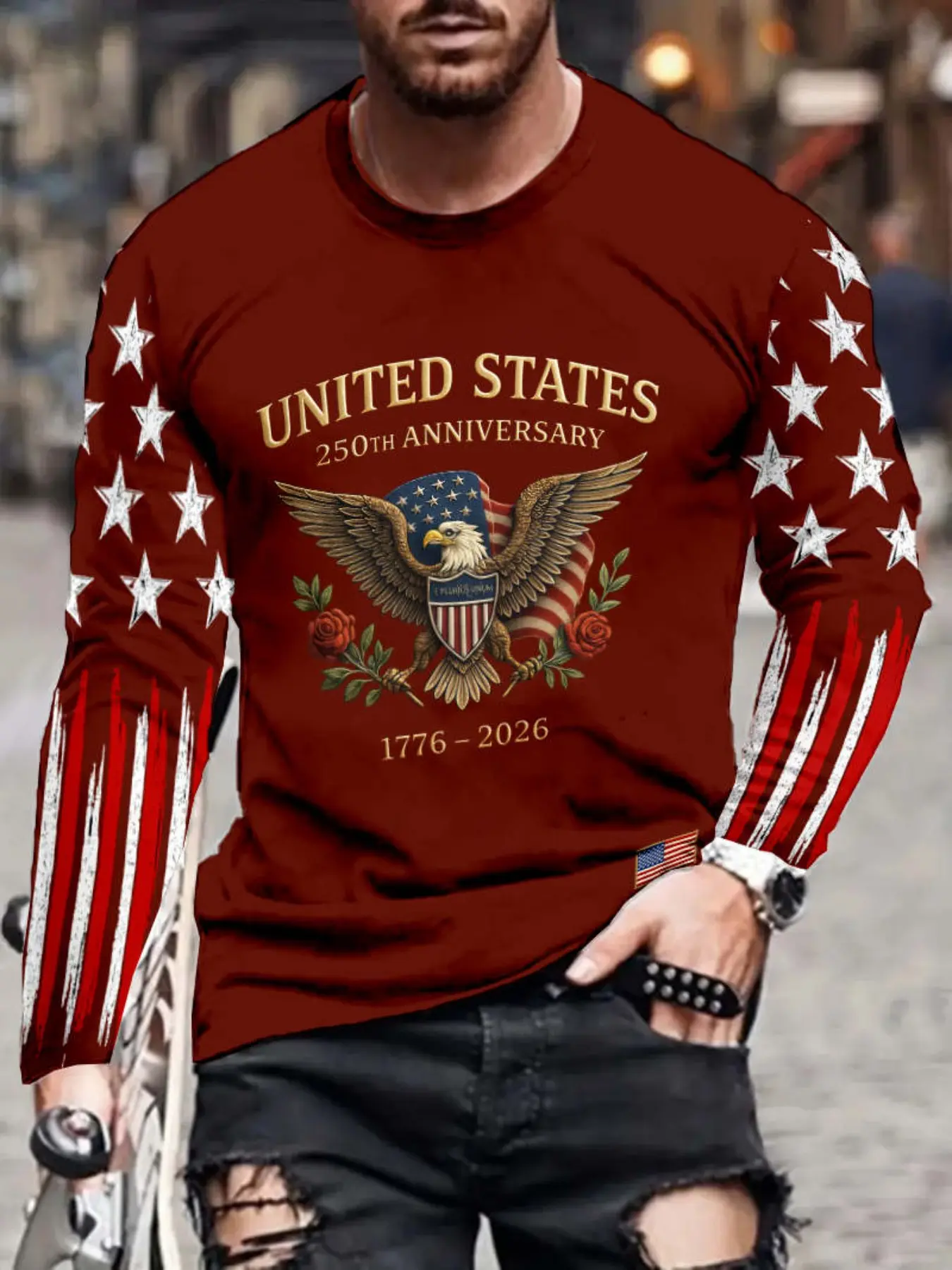 Men's Fall Base Usa 250th Anniversary Long Sleeve T-Shirt, Bald Eagle & Star-Spangled Banner Vintage Print, Casual Fitted Fashion Streetwear Top, Festive Streetwear, American Street Style