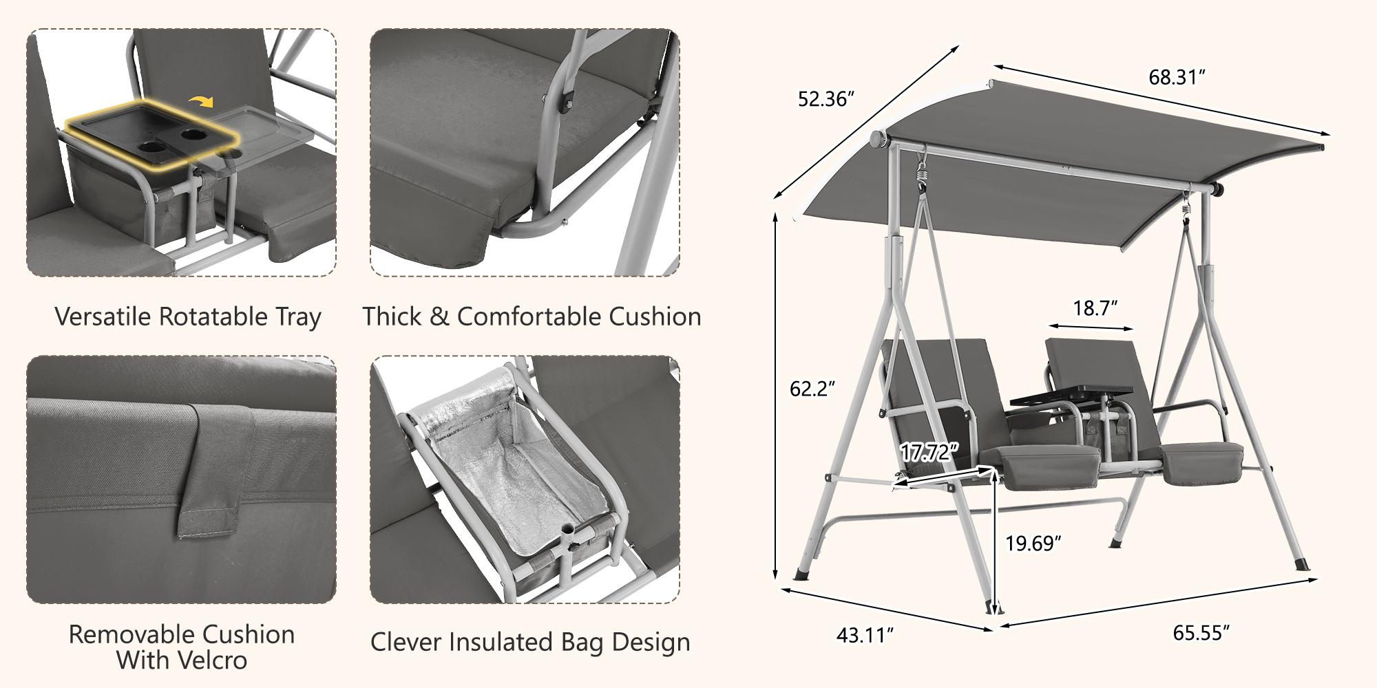 2-Seat Porch Swing with Stand & Pivot Storage Table, Outdoor Swing with Adjustable Canopy & 2 Cup Holders for Bedroom & Balcony, Gray