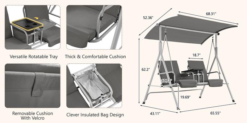 2-Seat Porch Swing with Stand & Pivot Storage Table, Outdoor Swing with Adjustable Canopy & 2 Cup Holders for Bedroom & Balcony, Gray