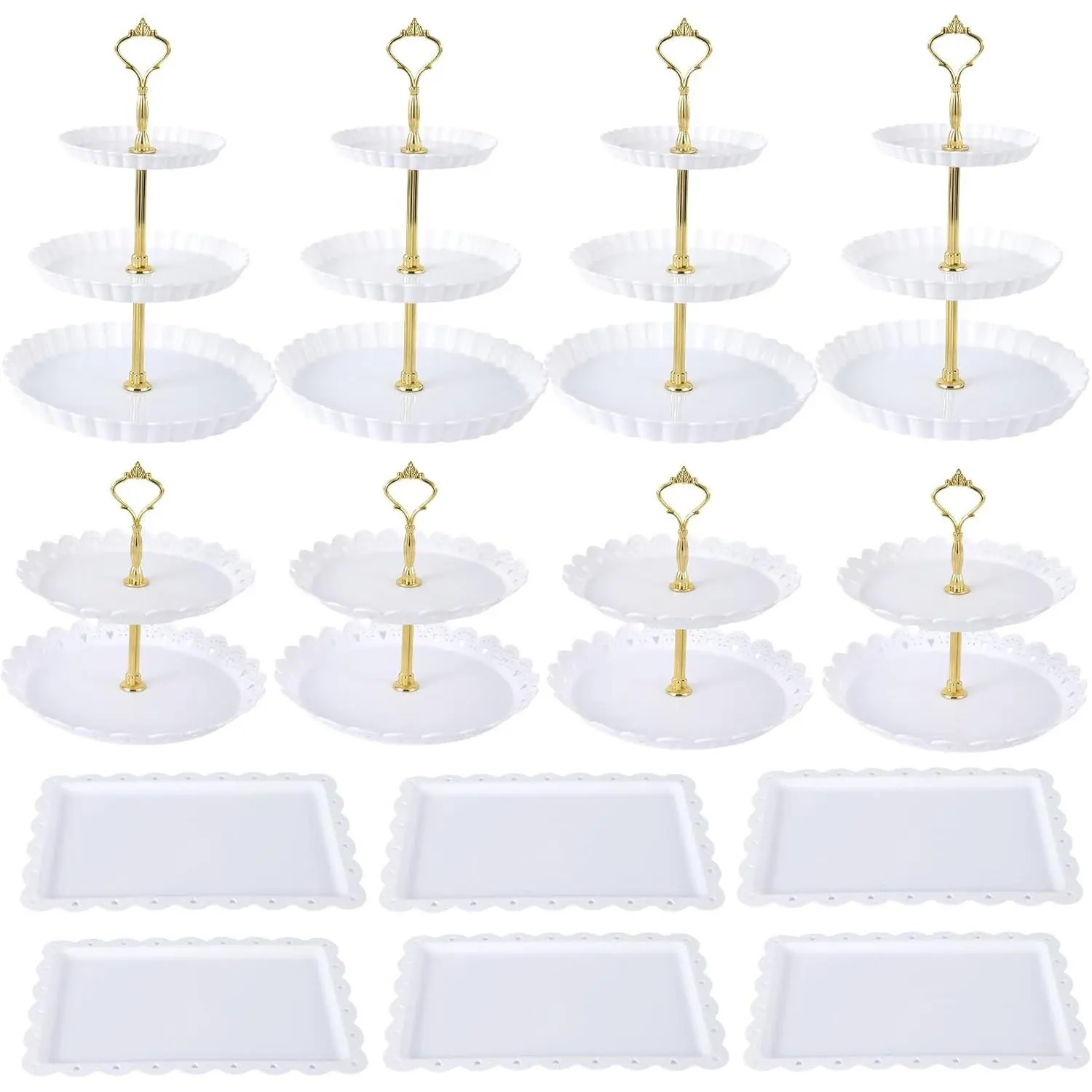 14 Piece Cake Stand Set with 4 x Two-Tier and 4 x Three-Tier Cupcake Stands,6 Dessert Trays,Thick Plastic Serving Platters for Cupcakes, Donuts, Fruits,Party, Wedding, Buffet Display