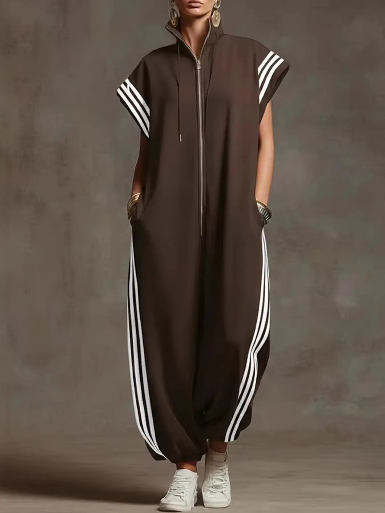 Women's Casual Striped Loose Fit Baggy Jumpsuit, Style, Short Sleeve Drop Waist Design, Comfortable Soft Knit Fabric, Perfect for Travel & Daily Wear