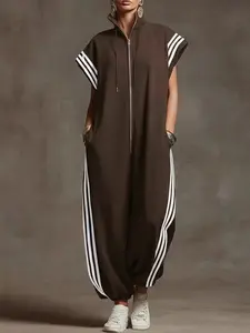 Women's Casual Striped Jumpsuit, Short Sleeve Drop Waist Design, Comfortable Soft Fabric, Perfect for Travel & Daily Wear