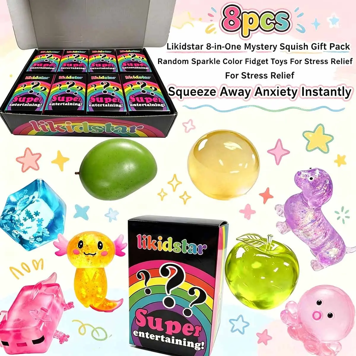 8PCS Surprise Mystery Box Glitter Squeeze Toy Set, Random Color Cute Fruit Sea Animal Jelly Fidget Squishies, Portable Anxiety Relief Sensory Toys with Rainbow Gift Box for Classroom Rewards & Party Gifts
