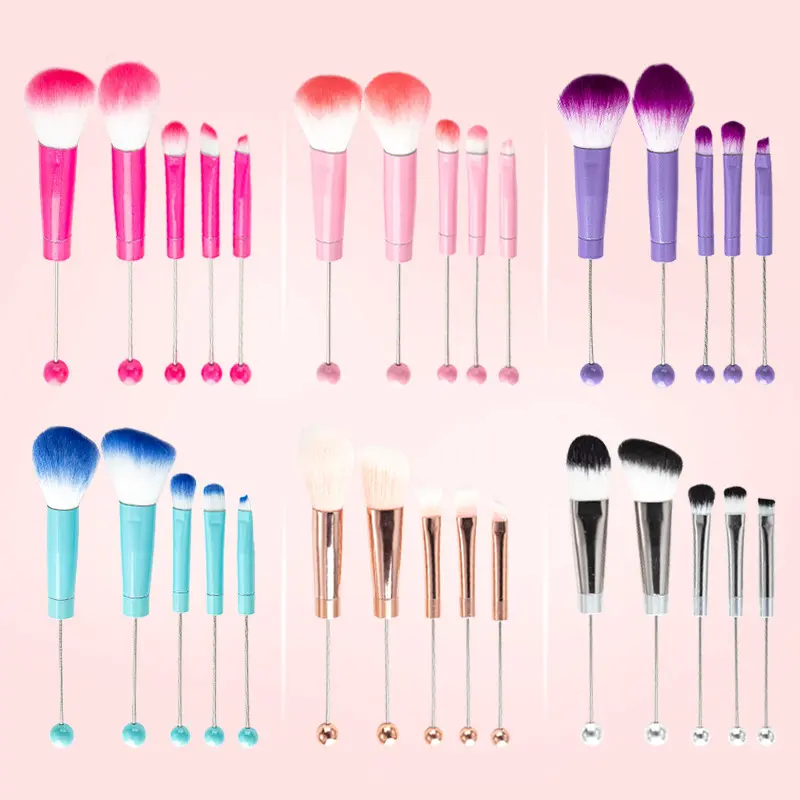 5-piece DIY metal-handle beaded makeup brush set: contour brush, blush brush, concealer brush, eyeshadow brush, eyebrow brush wholesale