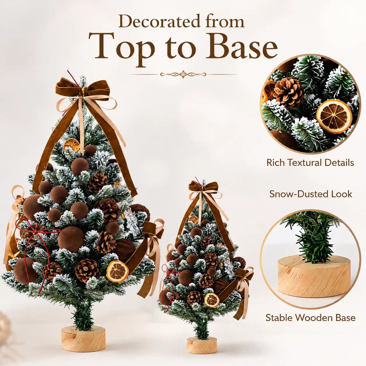 Pre-Decorated Tabletop Christmas Tree with Snow-Flocked Branches, Brown & Gold Ribbon Bows, Pinecones, Dried Orange Accents and Wooden Base, Mini Artificial Holiday Tree for Home, Office, Desk, Shelf, Mantel, Rustic Winter Decor & Holiday Centerpiece
