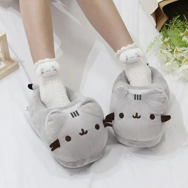 Cartoon Chubby Gray Cat Slippers Warm Cozy Fluffy Indoor Home Slippers For Couple Men Women Autumn Winter House Footwear gift