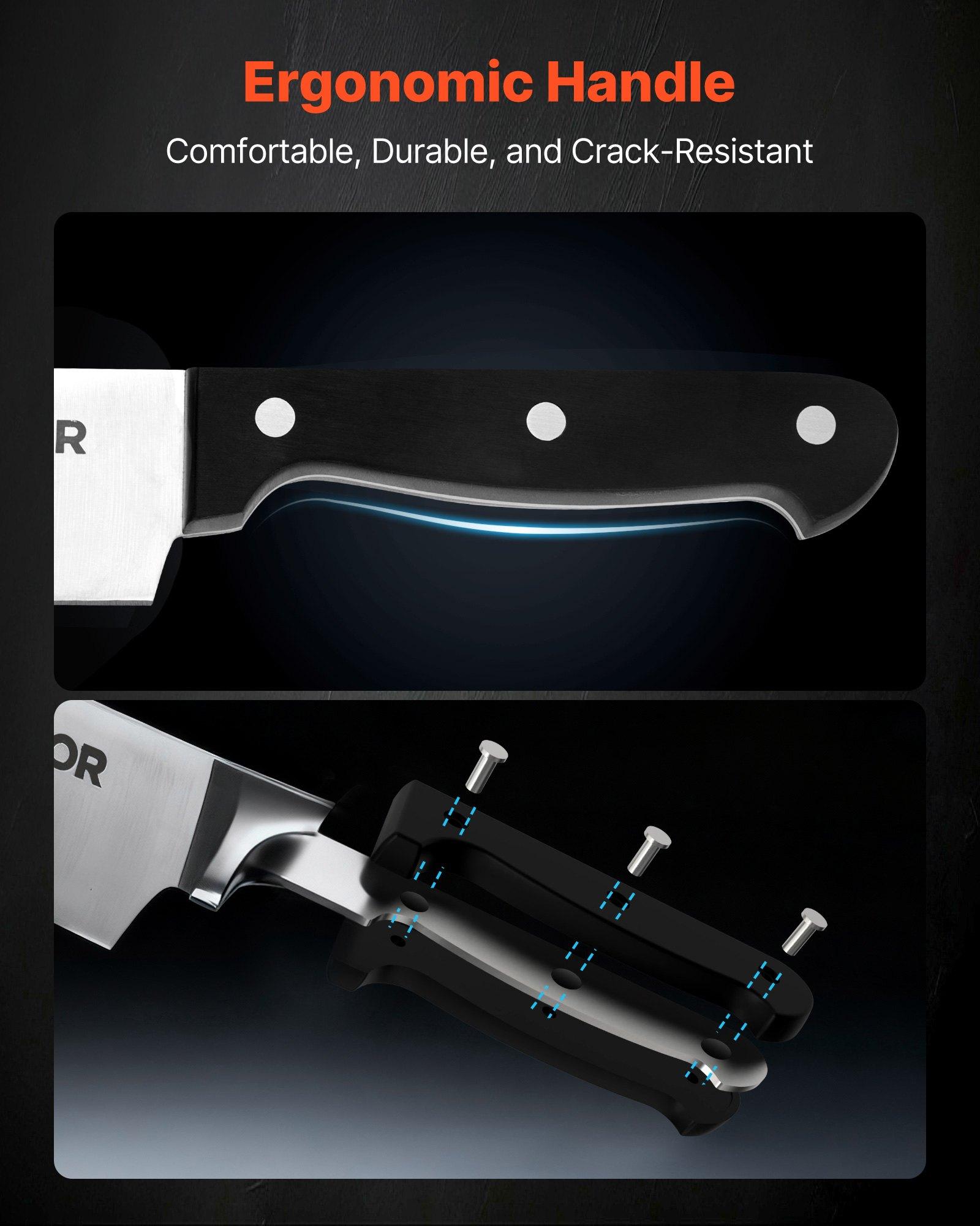 VEVOR Kitchen Knife Set with Block and Sharpener, 15 Piece German High Carbon Stainless Steel Knife Set, Kitchen Cutlery with ABS Ergonomic Handle, Sharpening Rod and Wooden Block, for Home Cooks