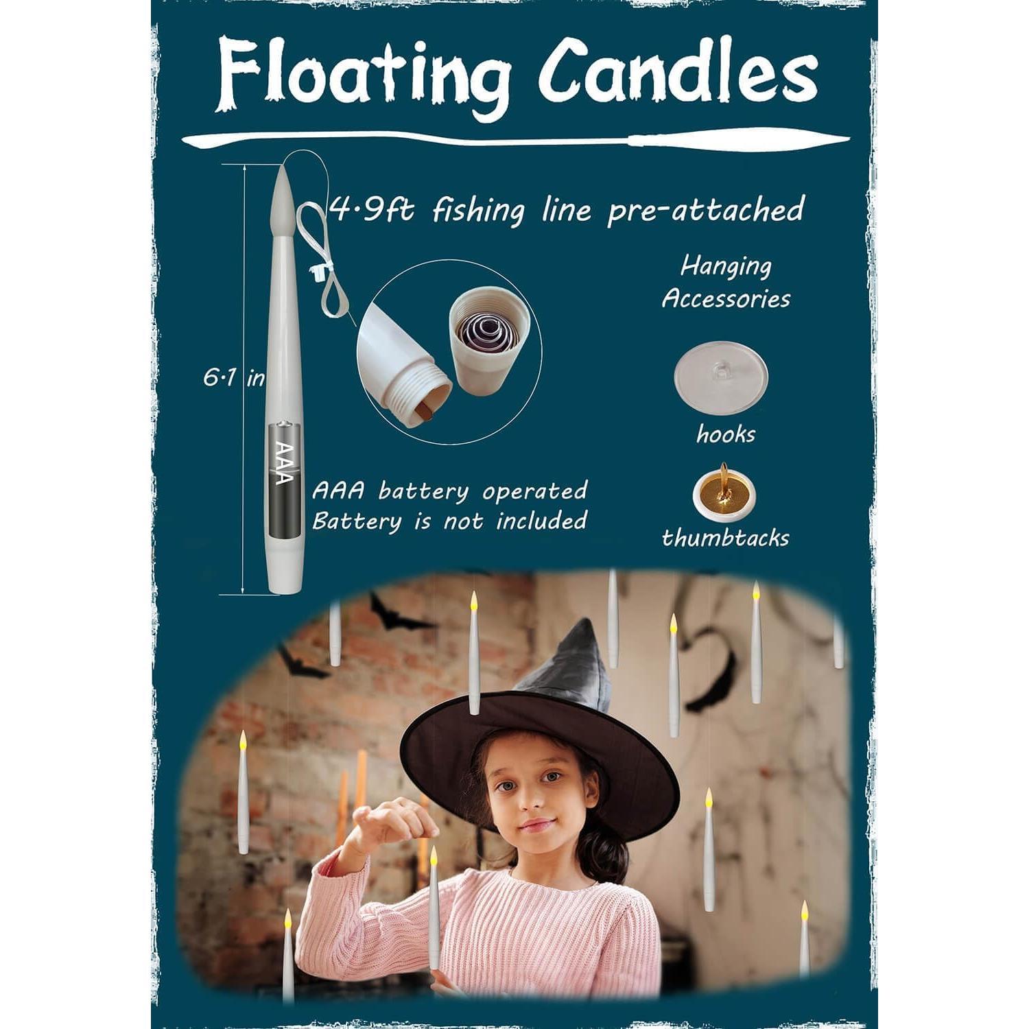 Floating Candles with Magic Wand Remote (6/18H Timer), 20 count 6.1" Hanging Flameless Taper Candles, Flickering Warm Light, Halloween Christmas Classroom Windows Wedding Party Decor(White)