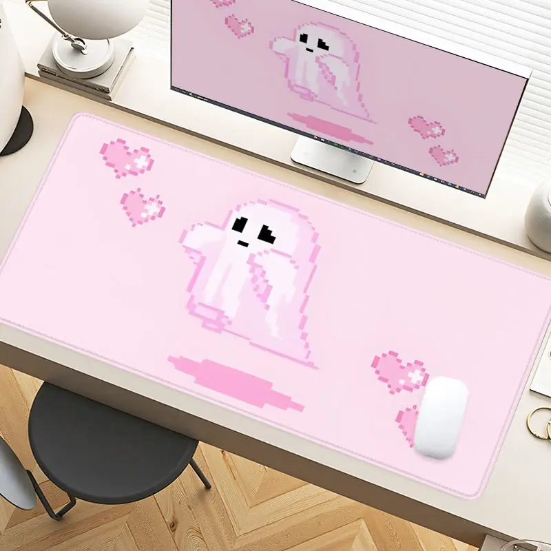 Desk Pad Pixel Ghost Pink Hearts Gaming Mousepad XXL Mouse Pad For Laptop Desk Mouse Pad Extra Large With Non-Slip Rubber Base Stitched Edges Surface For PC Gamers Office Workers & Home Use Perfect For Valentine’s Day Gift