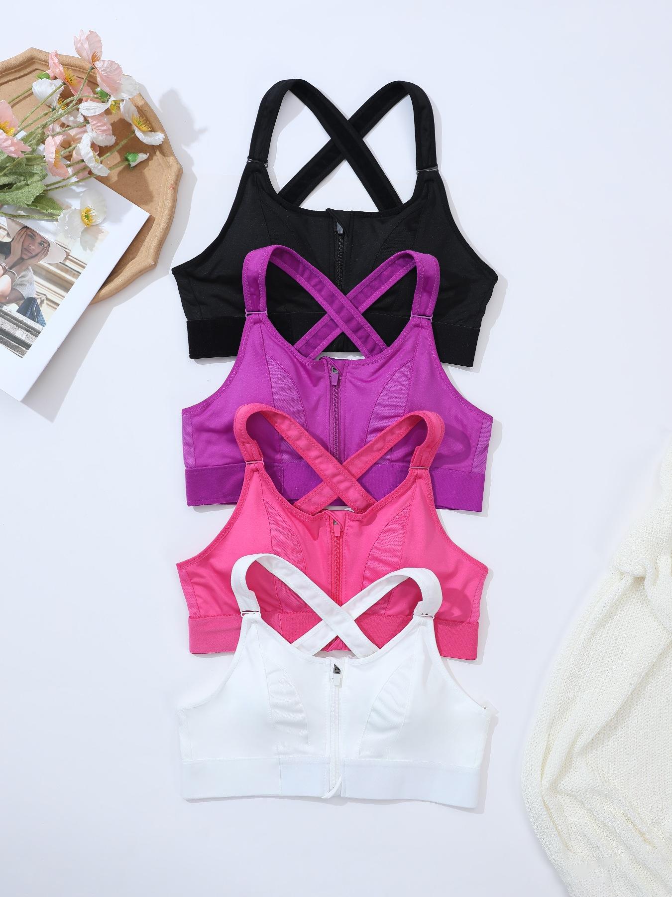 【Plus Size】 Criss Cross Zip Front Sports Bra, Solid Color Breathable Comfortable Athletic Bra, Women's Sport & Outdoor Clothing for Indoor Outdoor Wear