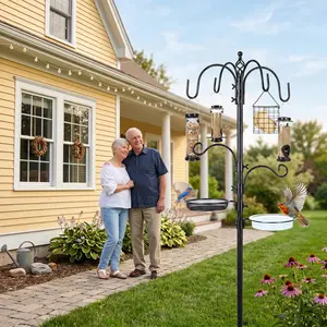 Heavy Duty Bird Feeder Pole with 6 Hooks, 93.7" Bird Feeding Station Kit with Bird Bath, Mesh Seed Tray & 5-Prong Base, Metal Bird Feeder Stand for Outdoor Backyard, Garden & Patio
