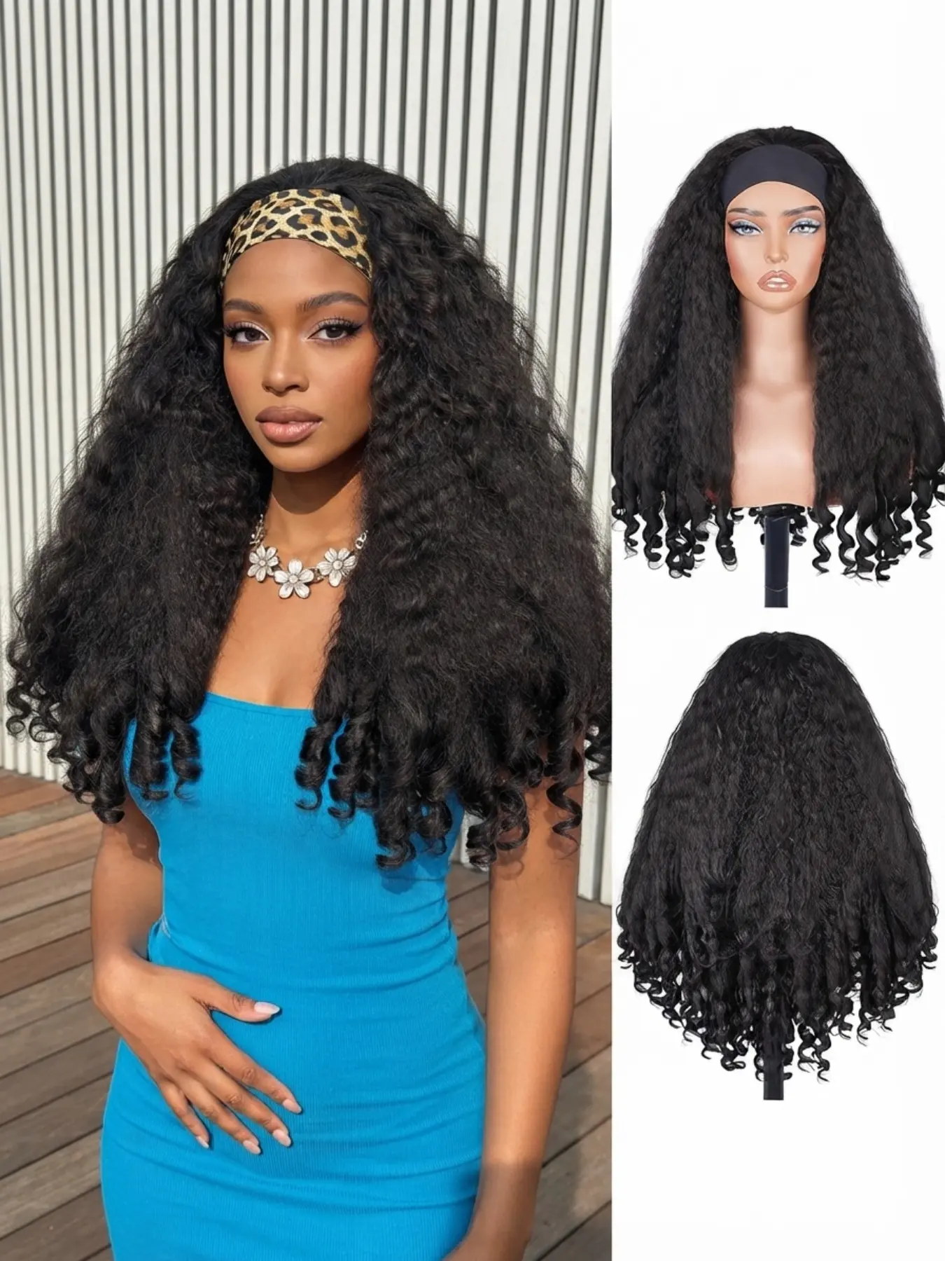 Long Kinky Straight Headband Wig for Women, Glueless High Volume Synthetic Hair, Heat Resistant, Easy Install, Perfect for Daily Wear
