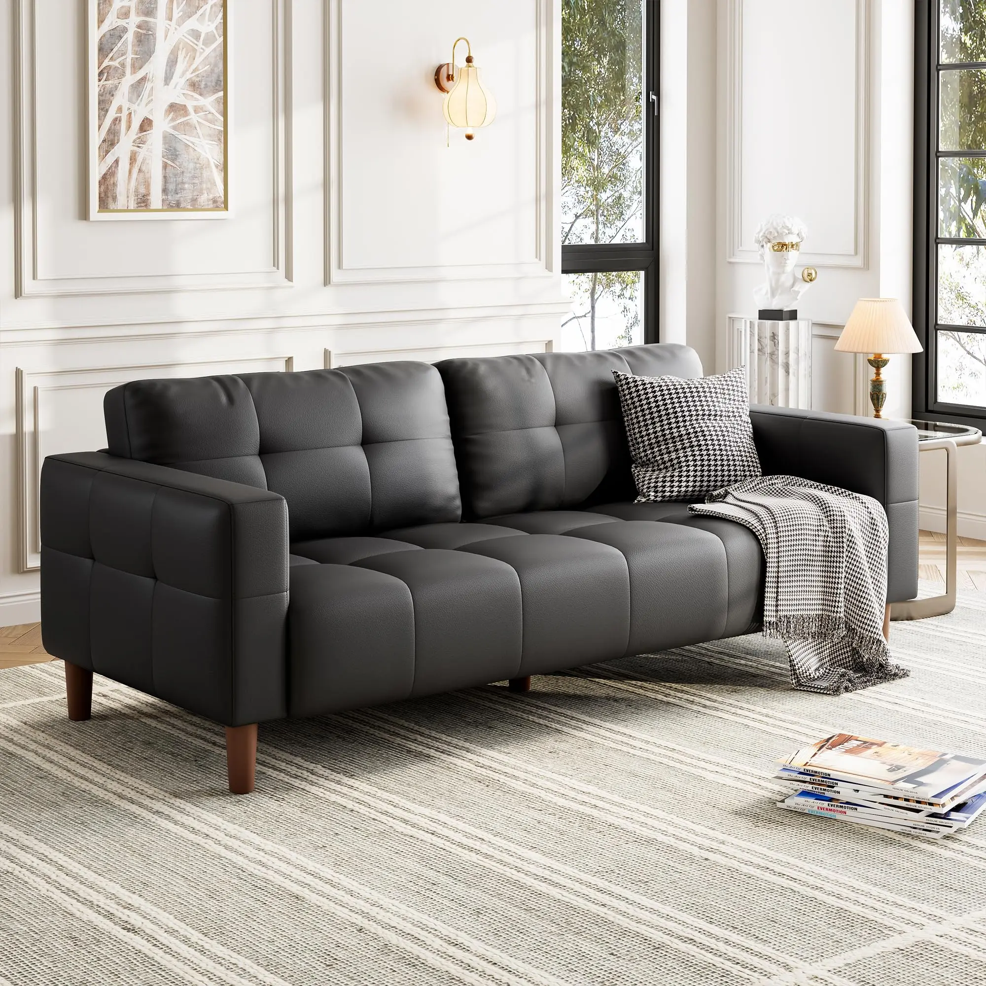 83.1 Inches Faux Leather Couch, Oversized Upholstered Loveseat Sofa with Back Cushion, Mid-Century Modern Couch with Wide Arm, 3 Seater Sofa for Office, Living Room, Bedroom, Black