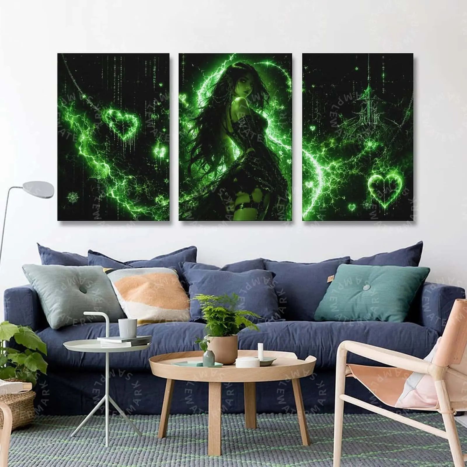 Neon Green Fantasy Woman Triptych Wall Art, Electric Heart Gothic Canvas Poster Set, Dark Cyber Aesthetic Print for Bedroom, Gaming Room, Living Room, Office Decor, Unique Gift
