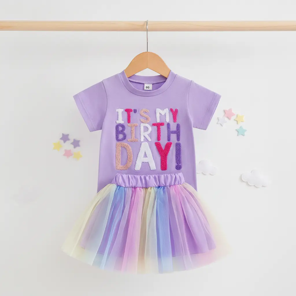 Toddler Girl Birthday Skirt Set Outfit Summer Letter Embroidery Short Sleeve Crew Neck Tops with Colorful Tulle Skirt 2 Pcs Set