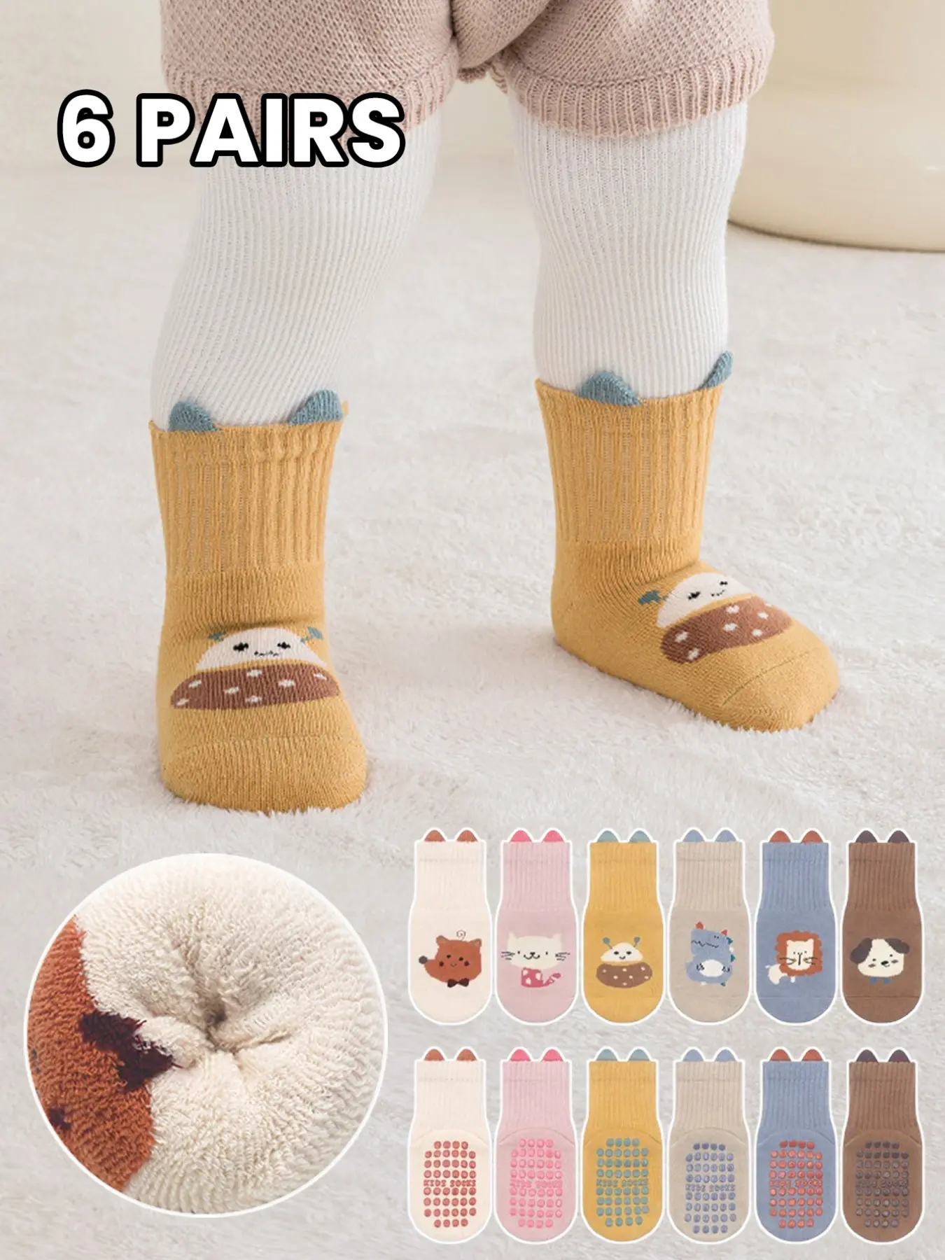 6 Pairs Baby Thickened Ribbed Non-Slip Socks, Cute Cartoon Animal Warm Toddler Mid-Calf Socks, Fall Winter Anti-Slip Mat Socks, Infant Walking Socks