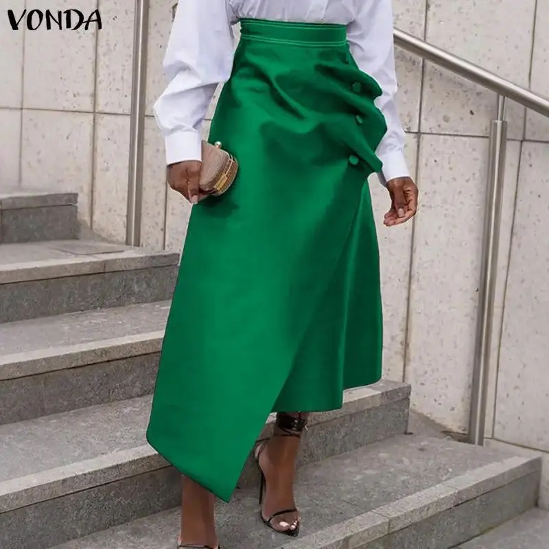 Plus Size 5XL Elegant Women Satin Skirts High Waist Button Pleated Asymmetrical Maxi Jupes Fashion Solid Long Faldas Saia