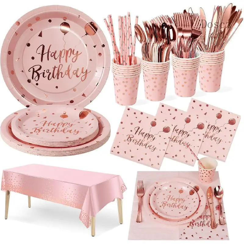 ZY Disposable Home Party Tableware Set, 161-Piece Pink & Rose Gold 20-Serve Pack - Includes Paper Plates, Napkins, Cups, Plastic Knives, Thick Utensils, Wood Accents, Tablecloth for Birthday, Shower Parties