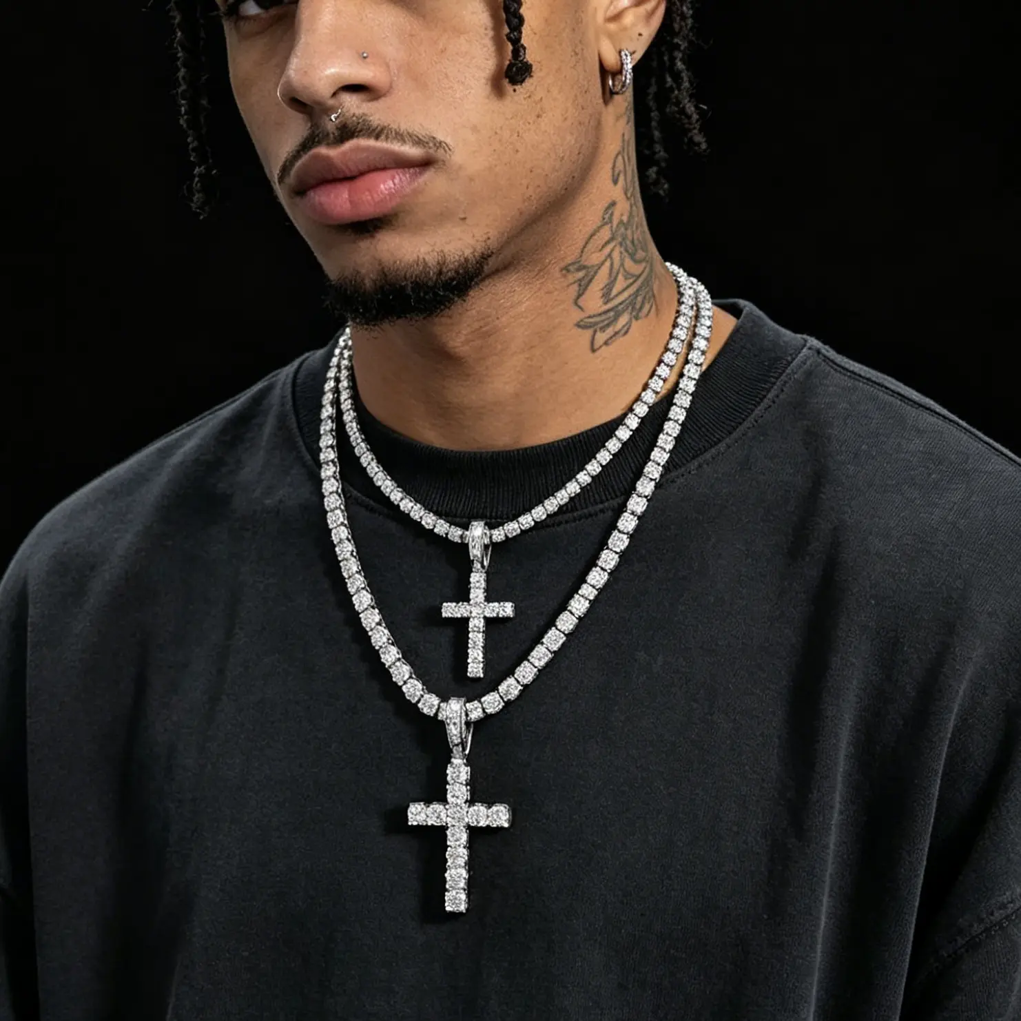 MUSE S925 Sterling Silver Moissanite Cross Pendant Necklace Cuban Chain VVS D Color Hip Hop Jewelry Unisex