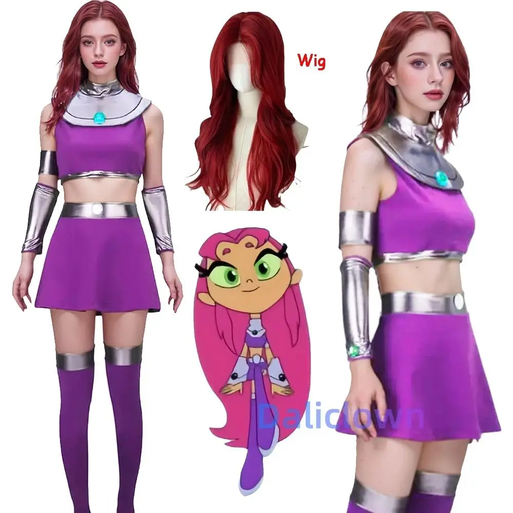 Starfire Cosplay Costume Teen Girl Princess Koriand'r Tian Skirt Dress Up Wig for Halloween Anime Comic Con Starfire Outfit