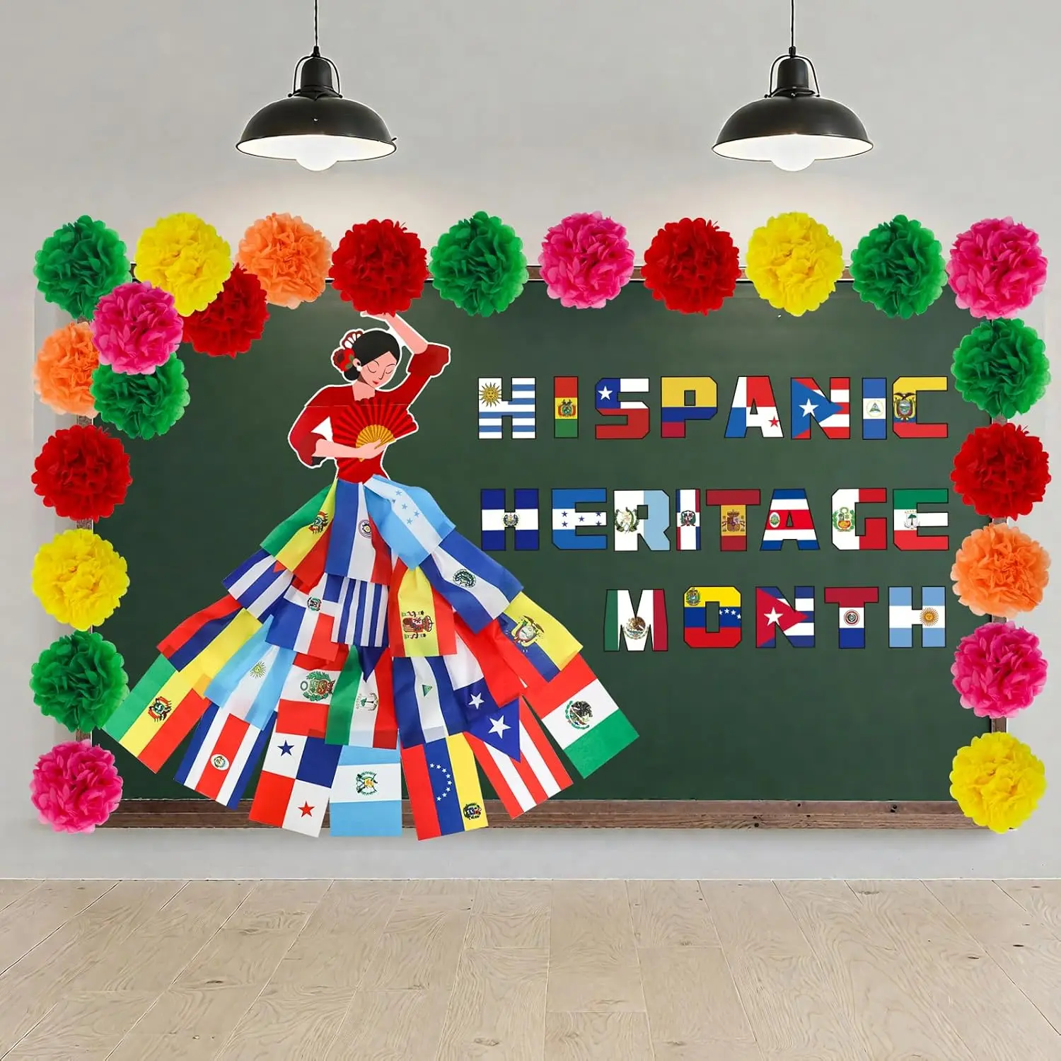 Hispanic Heritage Month 69-Piece Modern Cultural Event Decor Set - Wall Bulletin Board Supplies, Door Cover Banner, Backdrop, Paper Blooms with Glue Dots for Spanish Classrooms, 69 Pieces