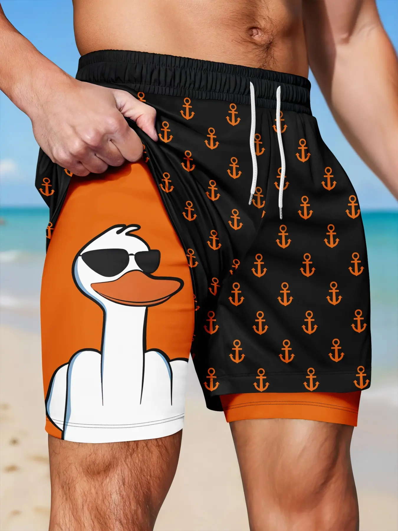 Men Double Layer Drawstring Casual Shorts, Quick Dry Cartoon Duck Anchor Print Stretch Short Pants, Summer Beach Outdoor Daily Vacation Athletic Bottoms.