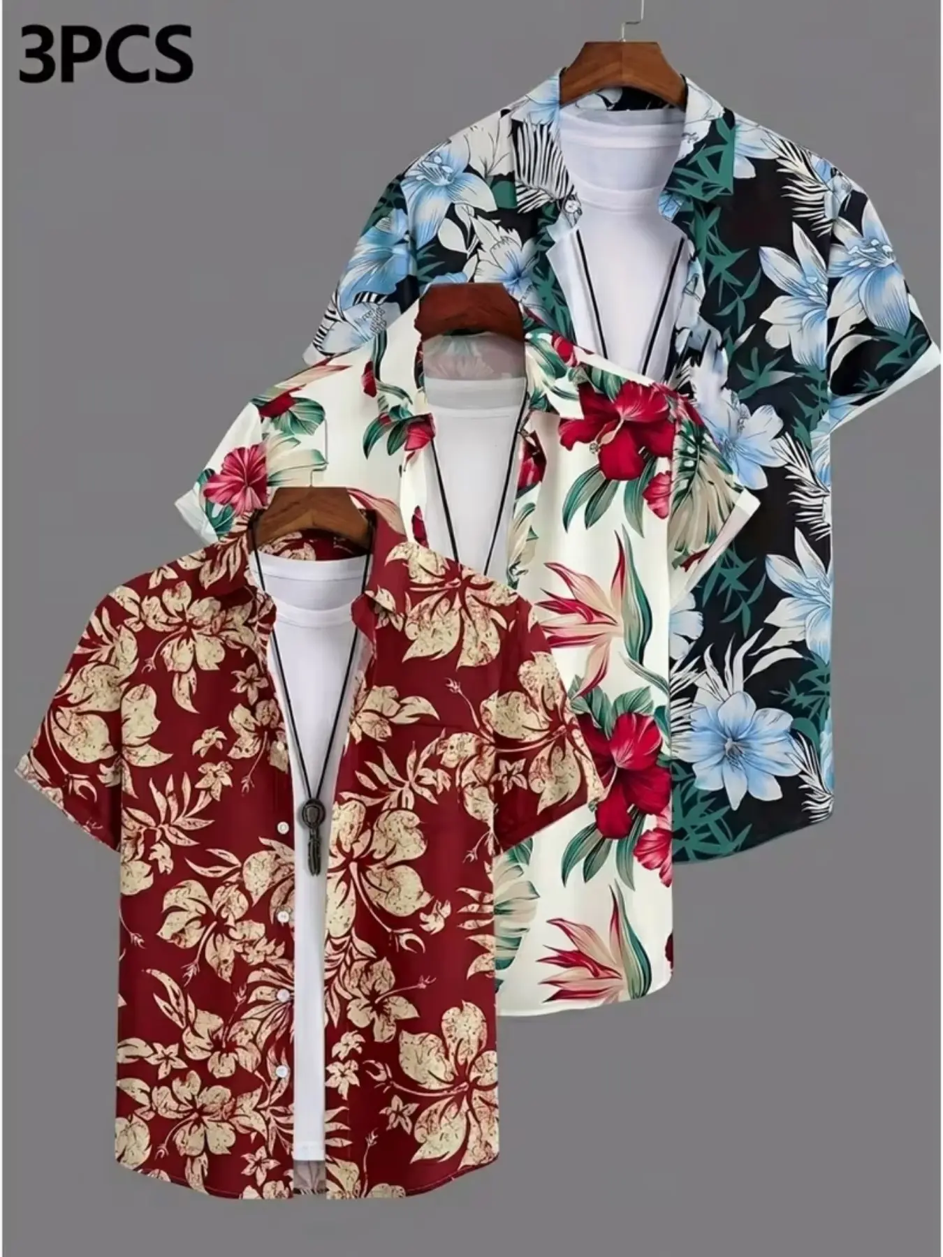 Men's Three-Piece Tropical Hibiscus Floral Print Hawaiian Shirt, Casual Beach Aloha Top, Lightweight Summer Button-Up, Vacation