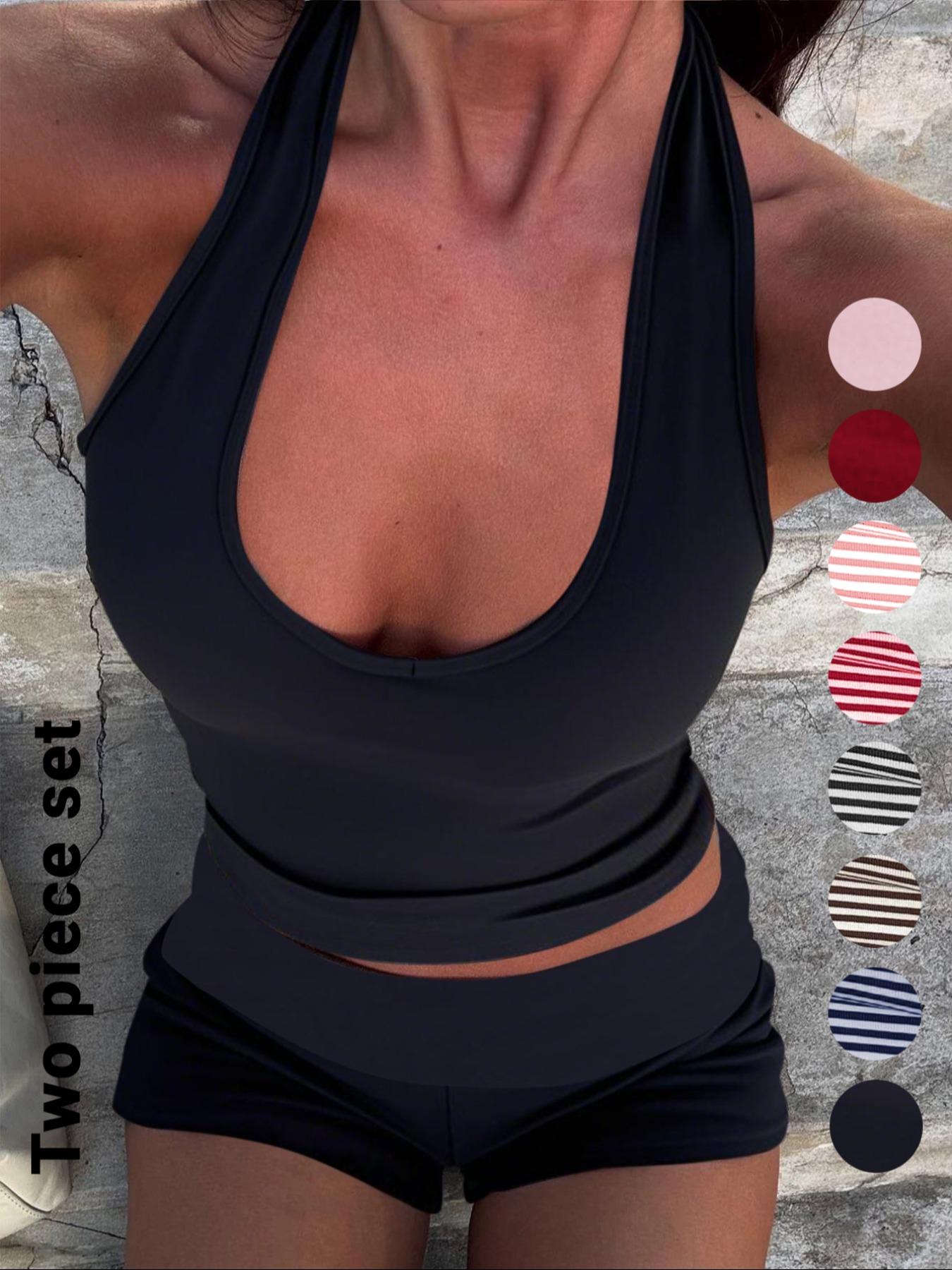 Women's Casual Striped Halter Neck Crop Top & Shorts Set, Summer Fitted Two-Piece, Regular Length, Moderate Fabric Thickness, Womenswear Women's Casual Striped Halter Neck Crop Top & Shorts Set, Summer Fitted Two-Piece, Regular Length, Moderate Fabric Thickness, Womenswear