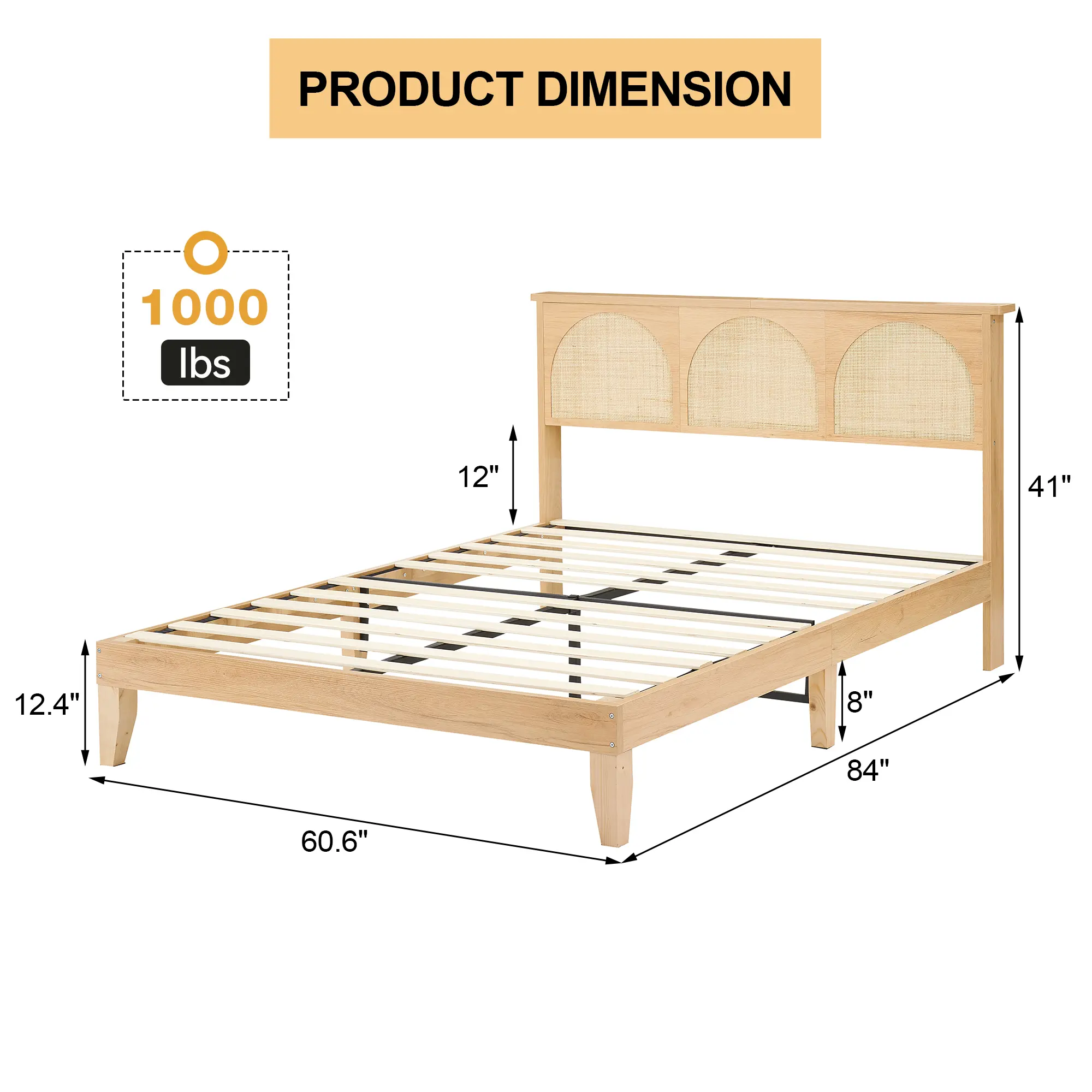 Rattan Bed Frame with Natural Rattan Headboard, Full Queen Bed Frame with LED Lights, Platform Bed Frame with Headboard, No Box Spring Needed
