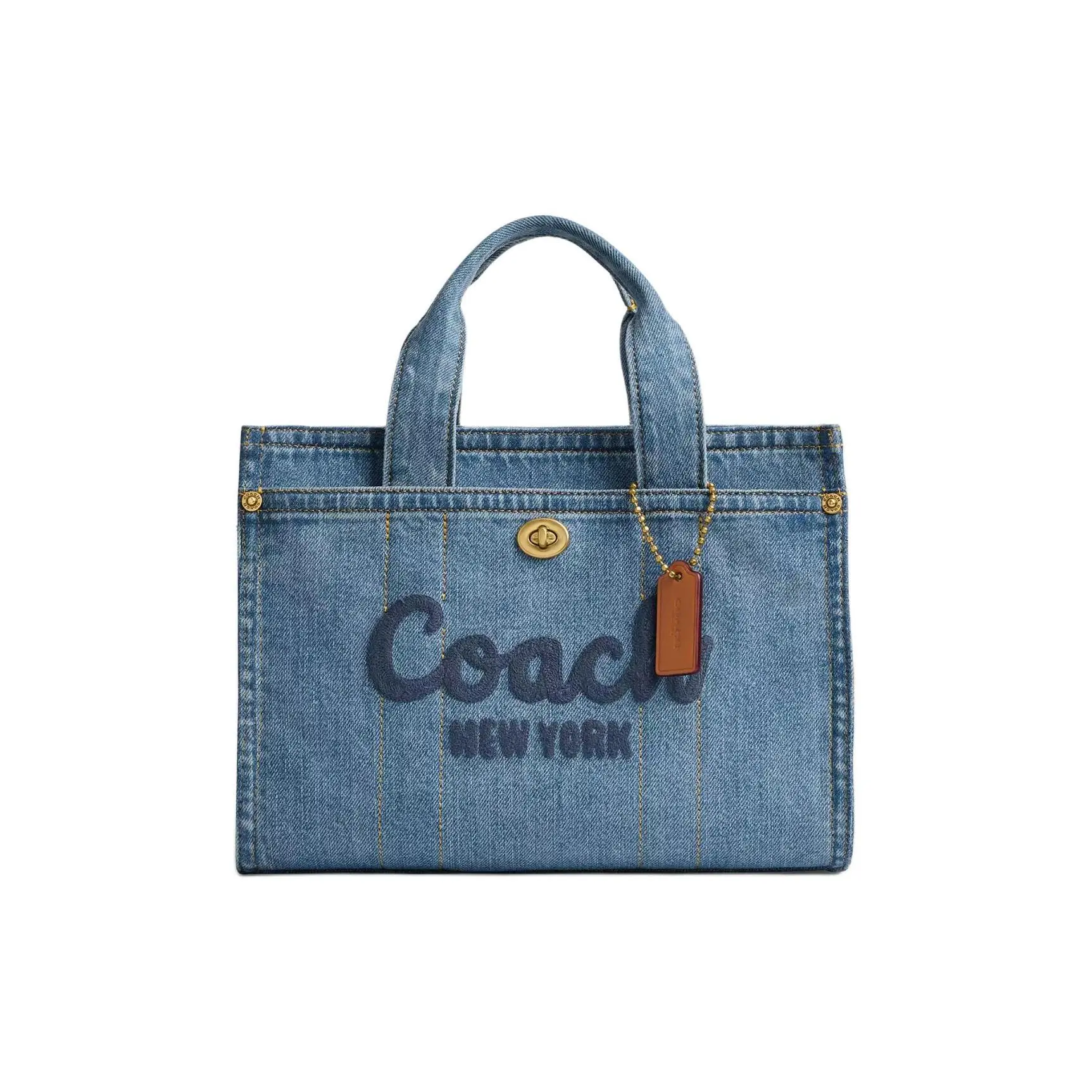 Coach Cargo 26 Embroidered Tote Bag for Women, Denim and Vachetta Leather, Medium Size