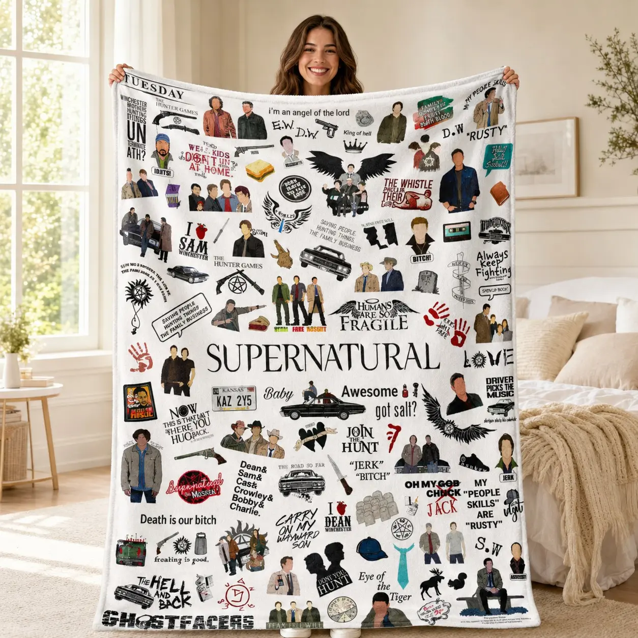 1PC Supernatural TV Show Character Quote Collage Flannel Blanket, Soft Skin-Friendly Anti-Pilling Machine Washable Lightweight Warm, Suitable For All Seasons For Home Sofa Rest, Bedroom Naps, Outdoor Camping, Ideal For American Drama Fans Collection, TV M