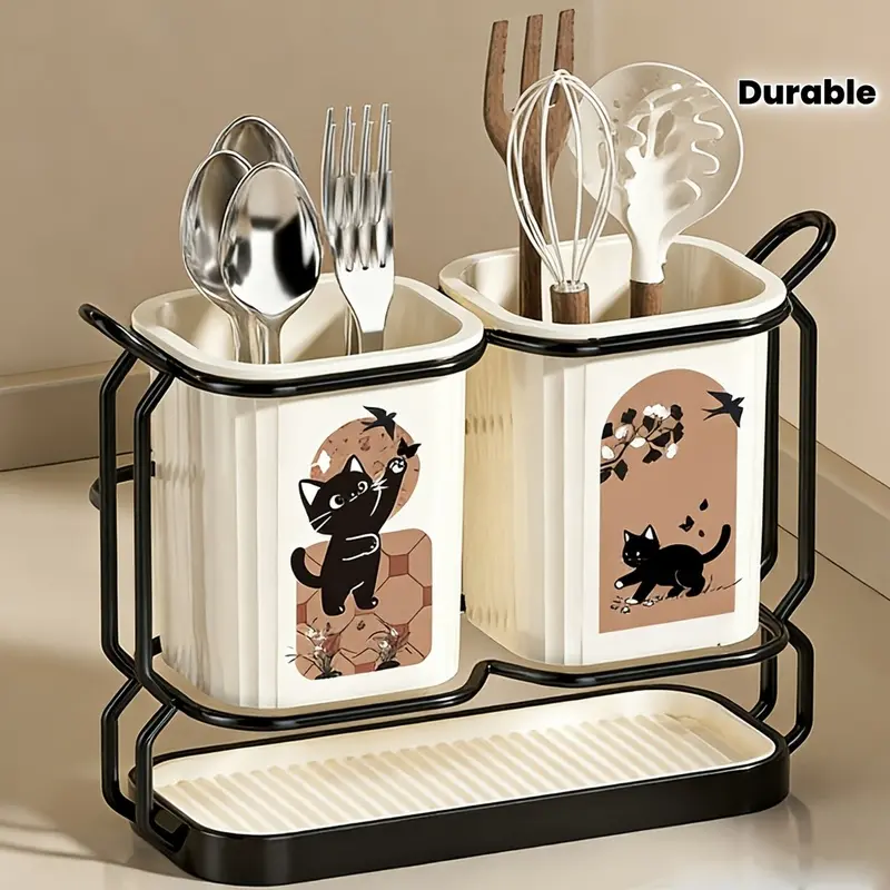 1 Piece Carbon Steel Kitchen Utensil Knife Organizer with 2 Utensil Buckets Dual Use Countertop Wall Mount Storage Rack Detachable Drip Tray Cute Cat Pattern for Knives Chopsticks Spoons Forks