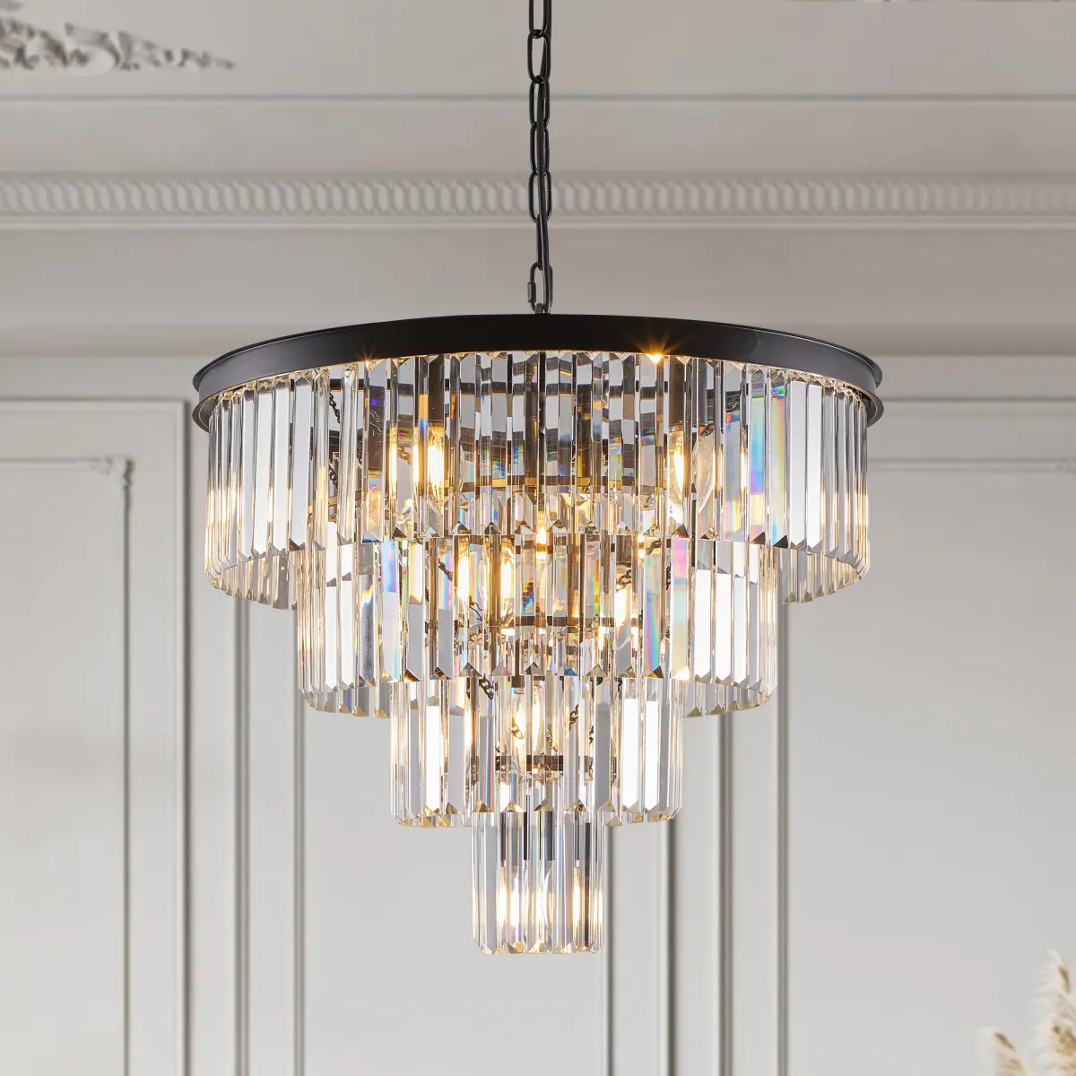 23.6W x21.7H Black Metal K9 Crystal 4 Tier Chandelier, Adjustable Hanging Chain 12 E12 Sockets Max 60W per Bulb Modern Luxury Ceiling Pendant Light for Living Dining Room Entryway Stairway Hotel Cafe