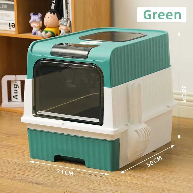 Large litter box with pull-out drawers, fully enclosed cat toilet for privacy and odor control, front entry and top exit, leak-proof and easy-to-clean tray, large litter box with litter shovel, ideal for daily use in multi-cat households
