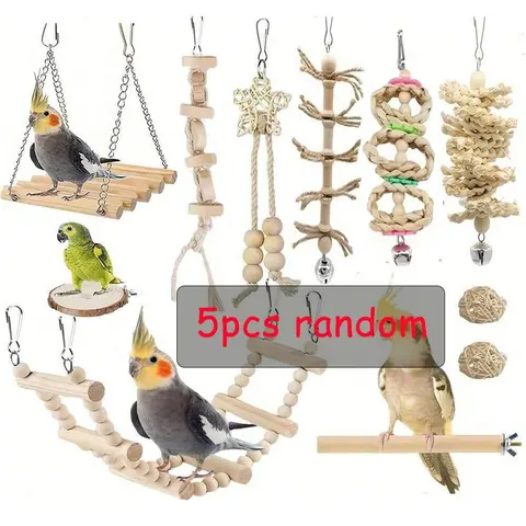 Random Bird Parrot Swing Toy, 5 Counts/Set, Chewing, Standing and Hanging Perch, Hammock and Climbing Ladder, Bird Cage Toys for Budgerigar, Parakeet, Finches and Other Small to Medium Birds, Bird Perches for Cage