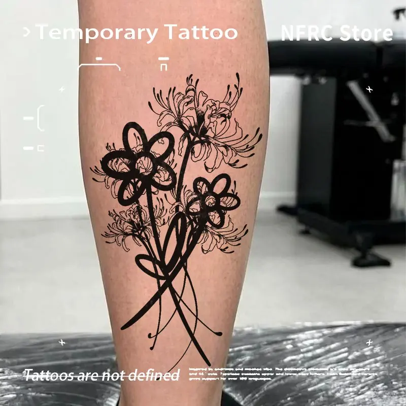 Line Art Lycoris Radiata Bouquet Herbal Juice Semi Permanent Tattoo Sticker Waterproof Long Lasting Fake Body Tattoo Unisex Calf Elegant Dark Gothic Body Art Decal