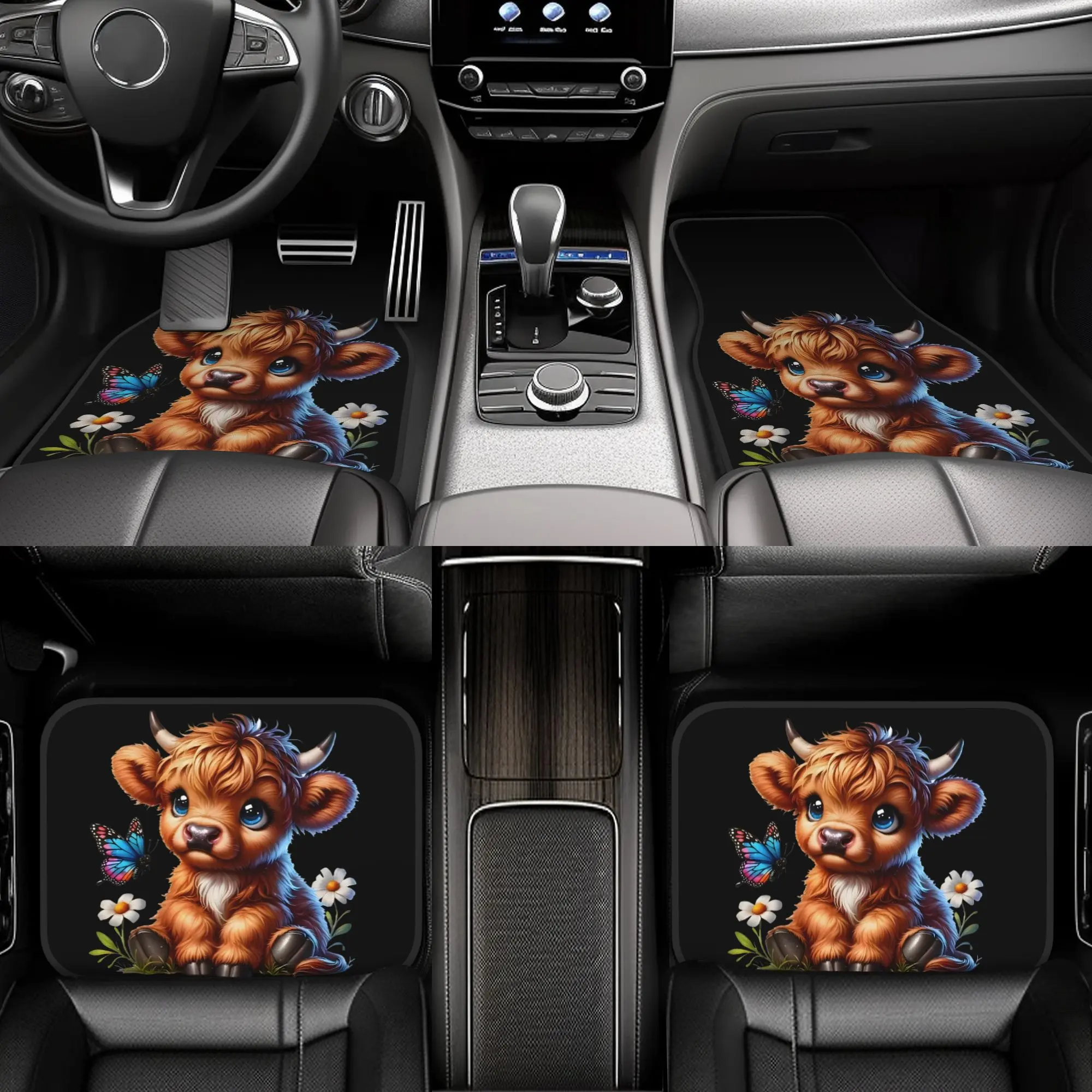 2D Flat 4pcs Cute Scottish Highland Cow Car Mats - Suitable for All Vehicle Types, Heavy-duty Protection, Easy to Clean, Adorable Cow Print Car Mats, Suitable for Trucks, SUVs, and Other Models - Perfect Gift Choice, 2D Flat
