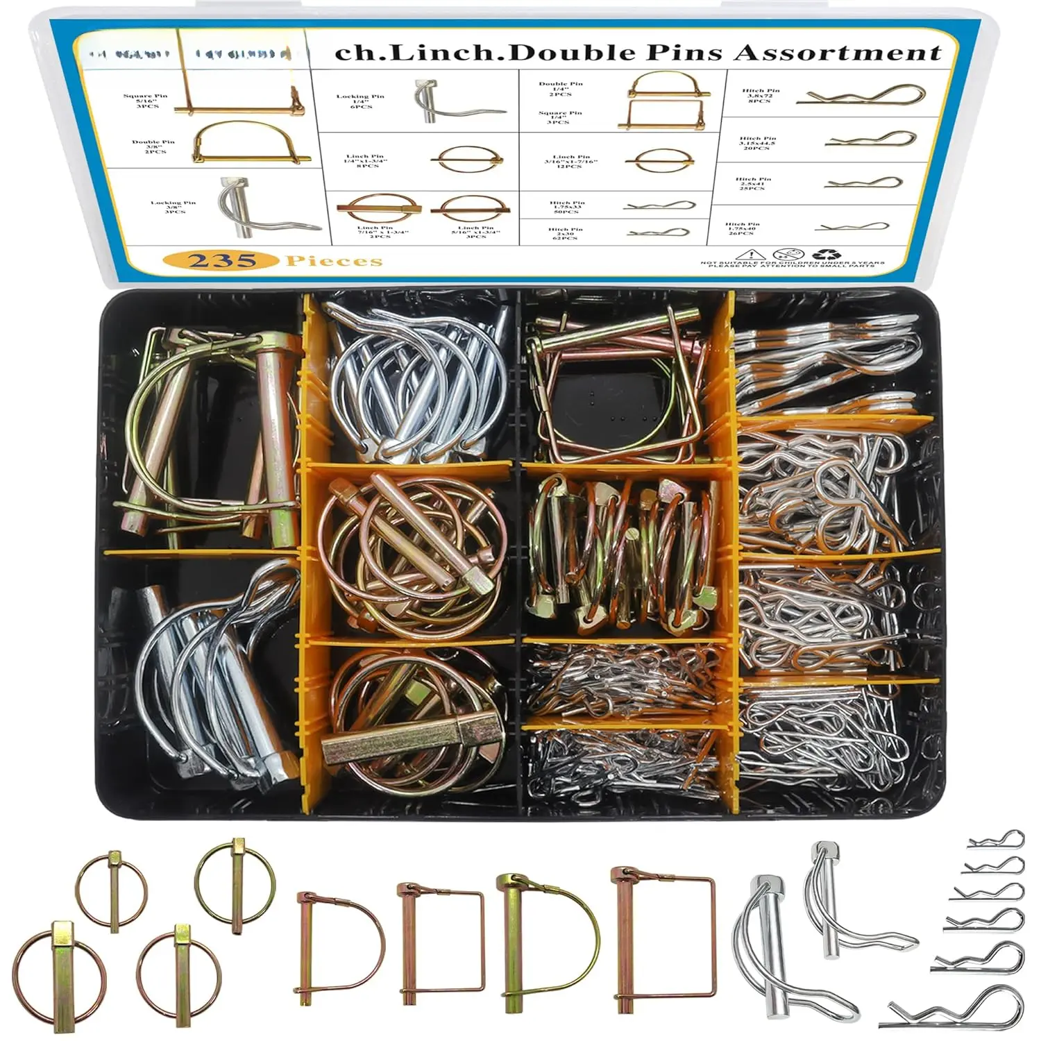 235 PCS Hitch Pins Clip Pins, Linch and PTO Pins for Trailers Tractors Trucks Towing Mowing, Farm Equipment, Snow Plows, Lawnmowers Garage, Heavy Duty Trailers Accessories Tractor Attachments