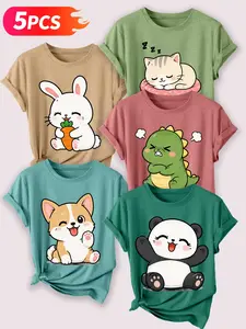 5Pcs Women Crew Tee, Casual Kawaii Rabbit & Dinosaur Print, multi-color, washable, soft summer top