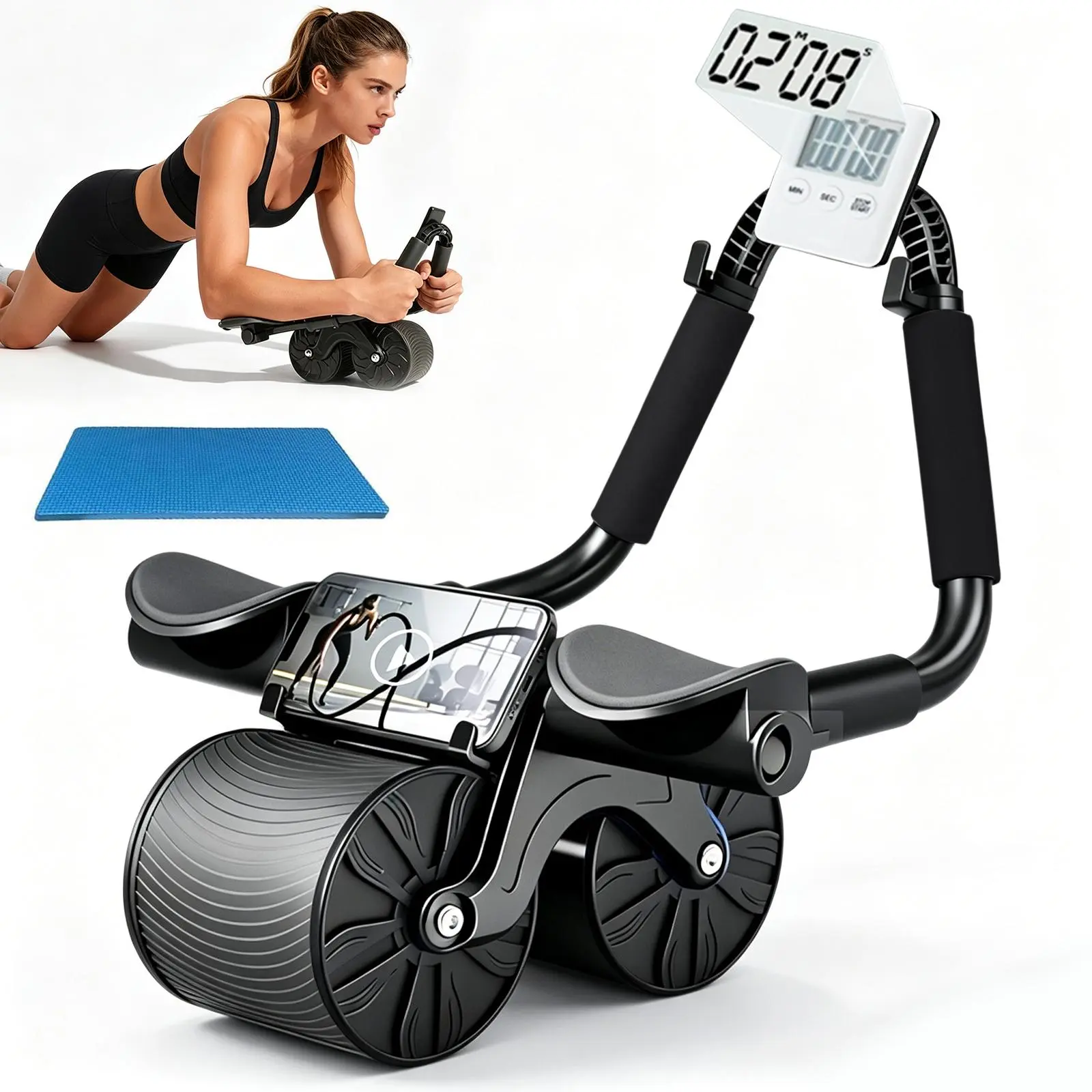 Ab Roller Wheel 2026 with Automatic Rebound Timer Knee Mat Elbow Support Core Trainer for Home Gym Abdominal Workout Equipment for Men Women