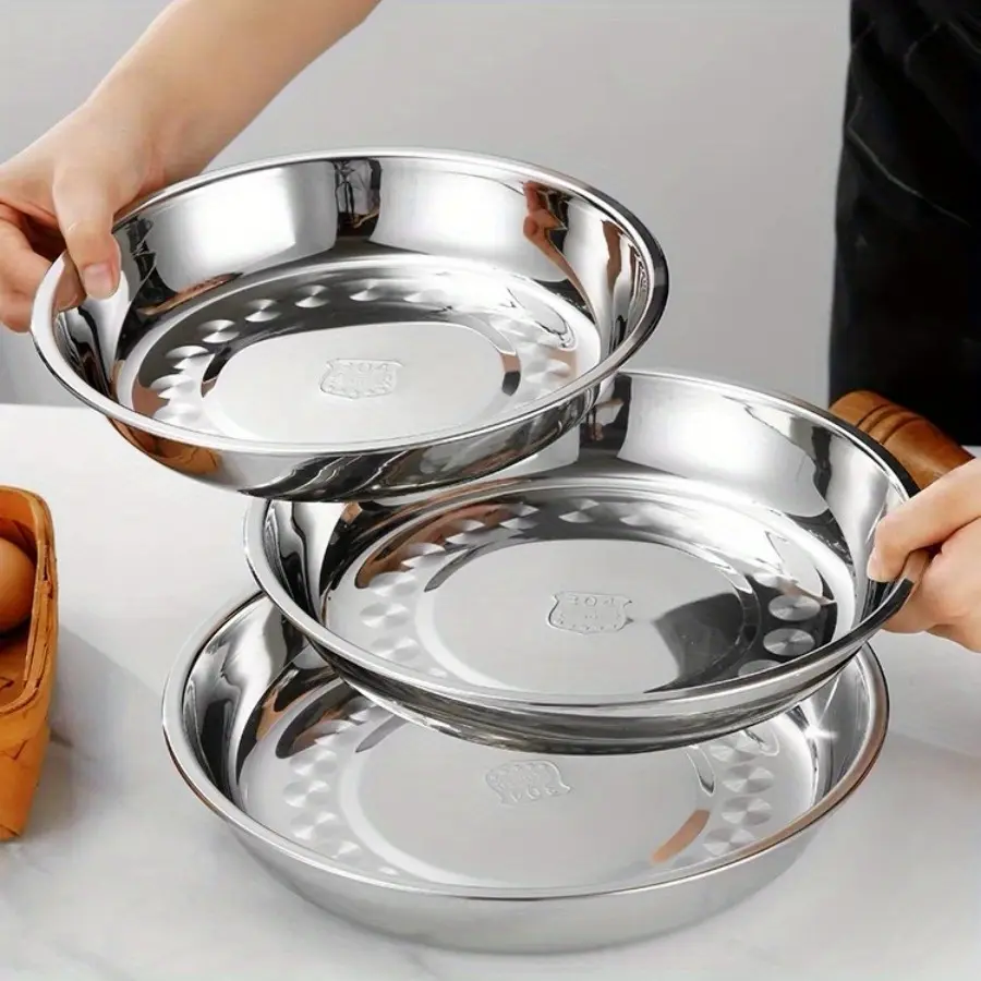 3Pcs 304 Stainless Steel Plate Set, Large/Medium/Small 3 Sizes, Durable Metal Dishes for Food, Dinner, Camping & Daily Use, Camping Supplies, Camping Kitchenware