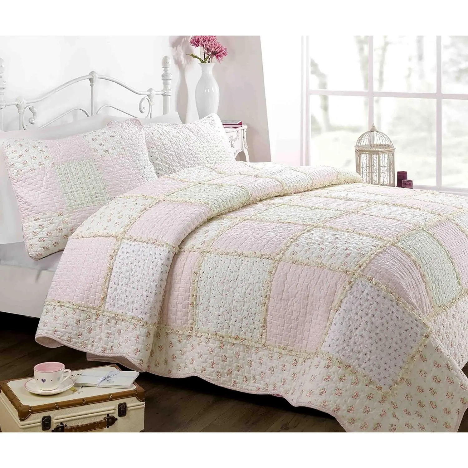 Girl's 100% Cotton Floral Blush Pink True Patchwork Reversible Bedding Set - Twin Size Bed 2-Piece Quilt, Coverlet Bedspread (Sweet Peach), Quilt Bedding Set