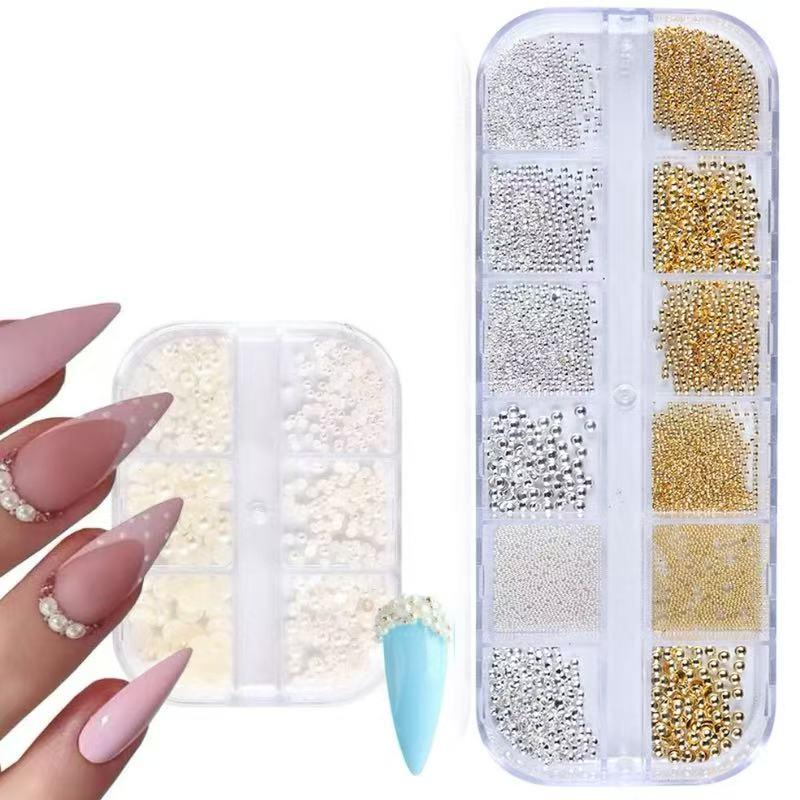 Flat Pearl Nail Art Accessories, 2 Boxes Mixed Size Small Steel Ball & Pearl, Beautiful Semi-circular Nail DIY Art Supplies, Nail Accessories for Women