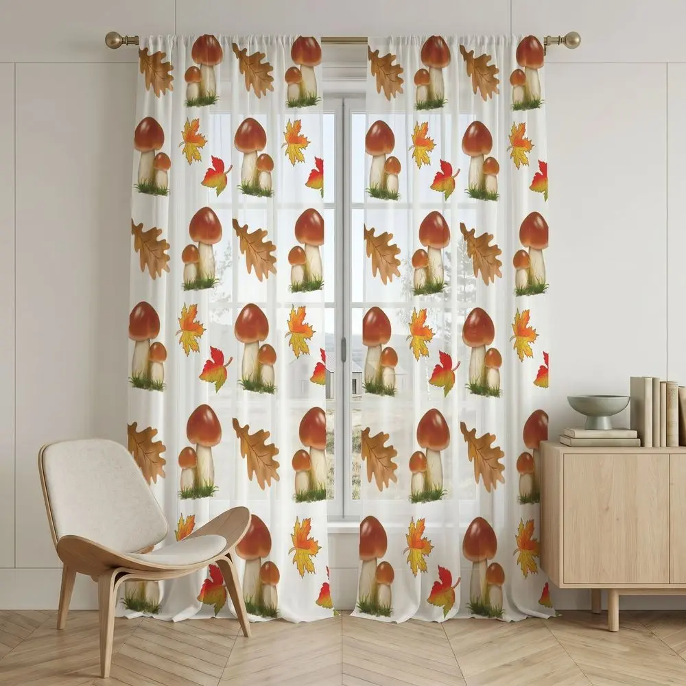 2-Pack Autumn Mushroom Oak Leaf Print Sheer Curtains, Rod Pocket Semi Transparent 2D HD Printed Window Drapes, Suitable for Bedroom Living Room, Fall Farmhouse Home Decor & Multiple Indoor Decor Scenes