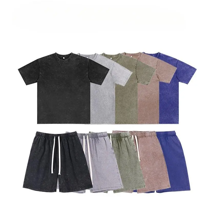 Unisex Oversized 2 Piece Outfit Set 100% Cotton Vintage Washed Distressed Short Sleeve T Shirt Matching Shorts Couple Street Loungewear